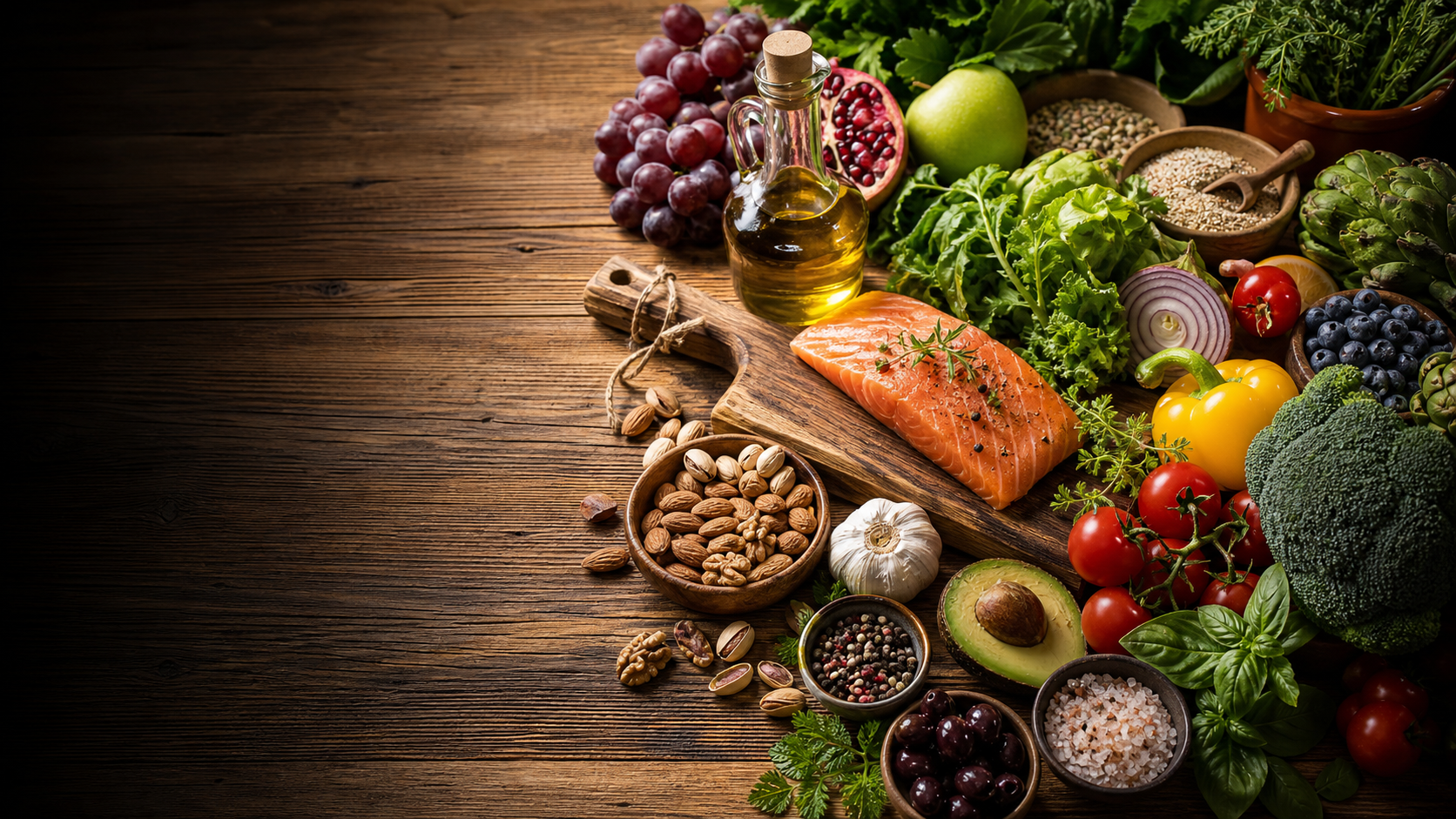 An abundant spread of fresh whole foods — vegetables, fruit, salmon, nuts, herbs and olive oil — on a rustic wooden table